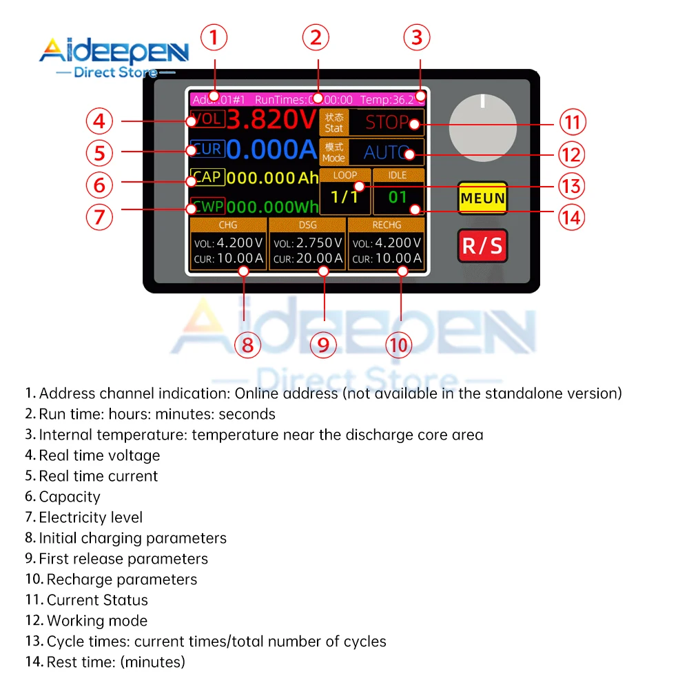 150W 4-wires Battery Capacity Tester 2.4 Inch TFT Color Screen Electronic Load Power Discharge Tester With EU/US Adapter