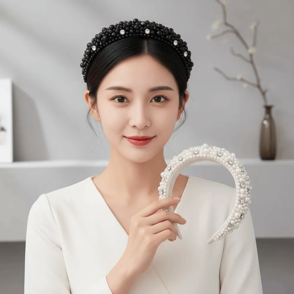 

High Top Structure Full Pearls Hair Hoop Luxury Style Elegant Handcrafted Rhinestone Wide Headpiece Spongy Volume