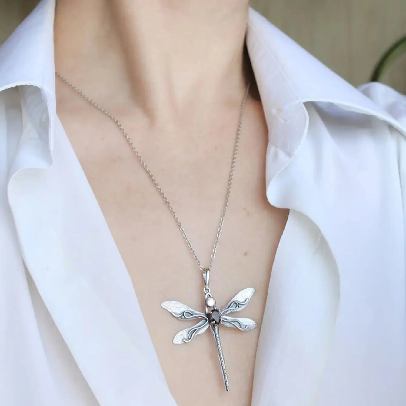 1Pc Vintage Dragonfly Animal Geometric Simple Style Alloy Silver Color Pendant Necklace Woman Party Daily Gift