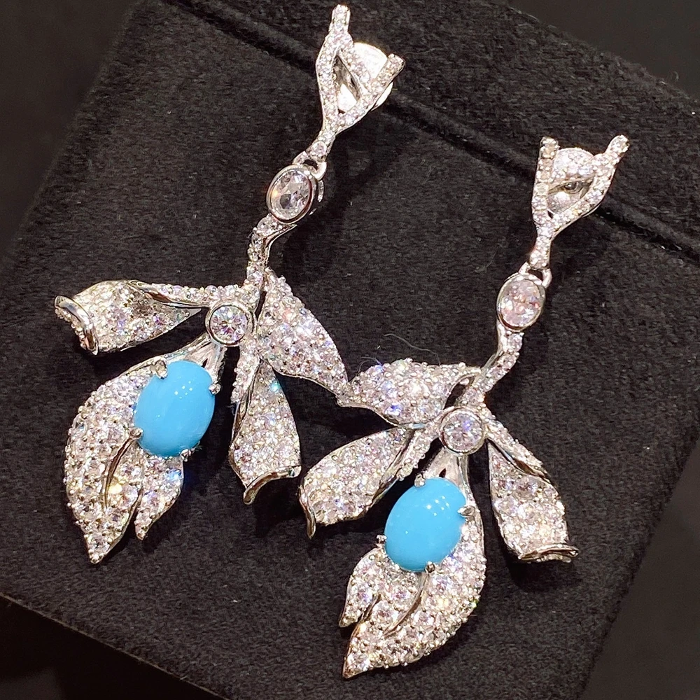 KQDANCE Solid 925 Silver High Carbon Diamond Synthetic Blue Turquoise Gemstone Long Leaf Earrings Fine Jewelry For Women Gifts