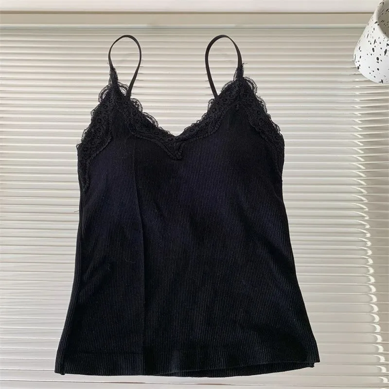Women's Lace Trim V-Neck Camisole with Built-in Bra Ribbed Knit Spaghetti Strap Top