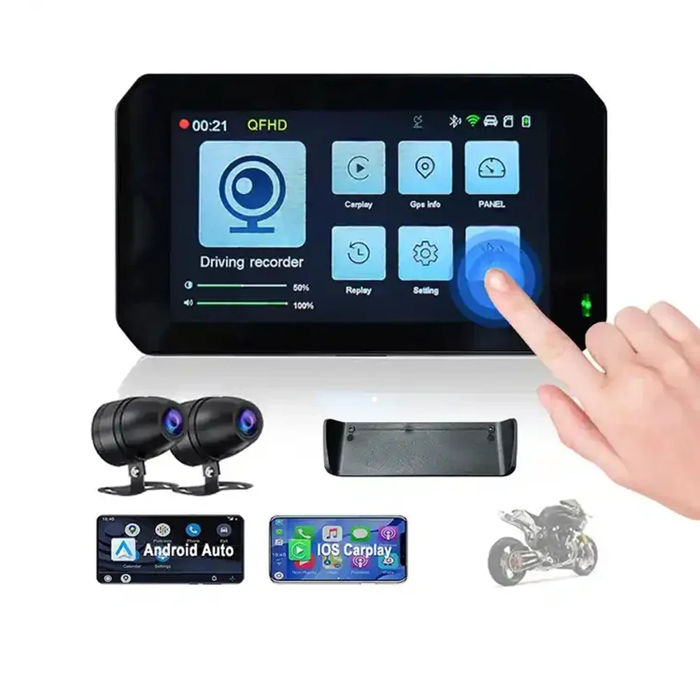 1080P Waterproof Motorcycle Dashcam 5 Inch Carplay Screen Wireless Carplay And Android Auto Video Recorder DVR For Motorbike