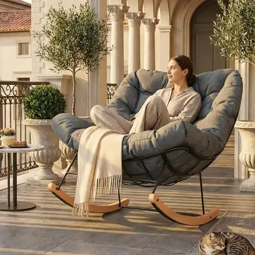 Oversized Outdoor Rocking Chair, Grey | Thick Cushioned Seat, Bonus Pillow, Modern Patio Papasan Rocker, Metal Frame