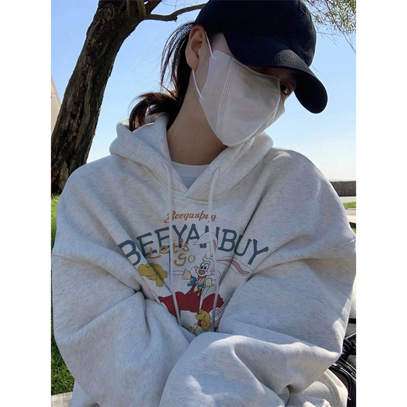 Womens Clothing Grey Vintage Street Sweatshirt Hoodie Letter Printing Long Sleeves Casual Warm Oversize Baggy Ladies Tops Autumn