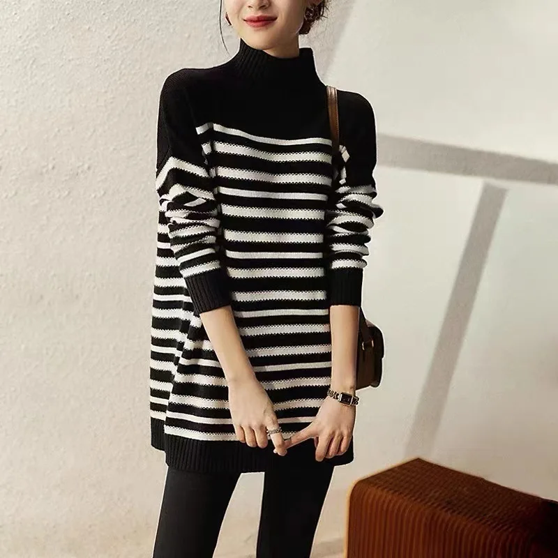 

Fashion Women Sweaters Autumn Winter New LOOSE Mock Neck Pullovers Korean Long Sleeve Top Warm Knitwear Oversized Jumpers