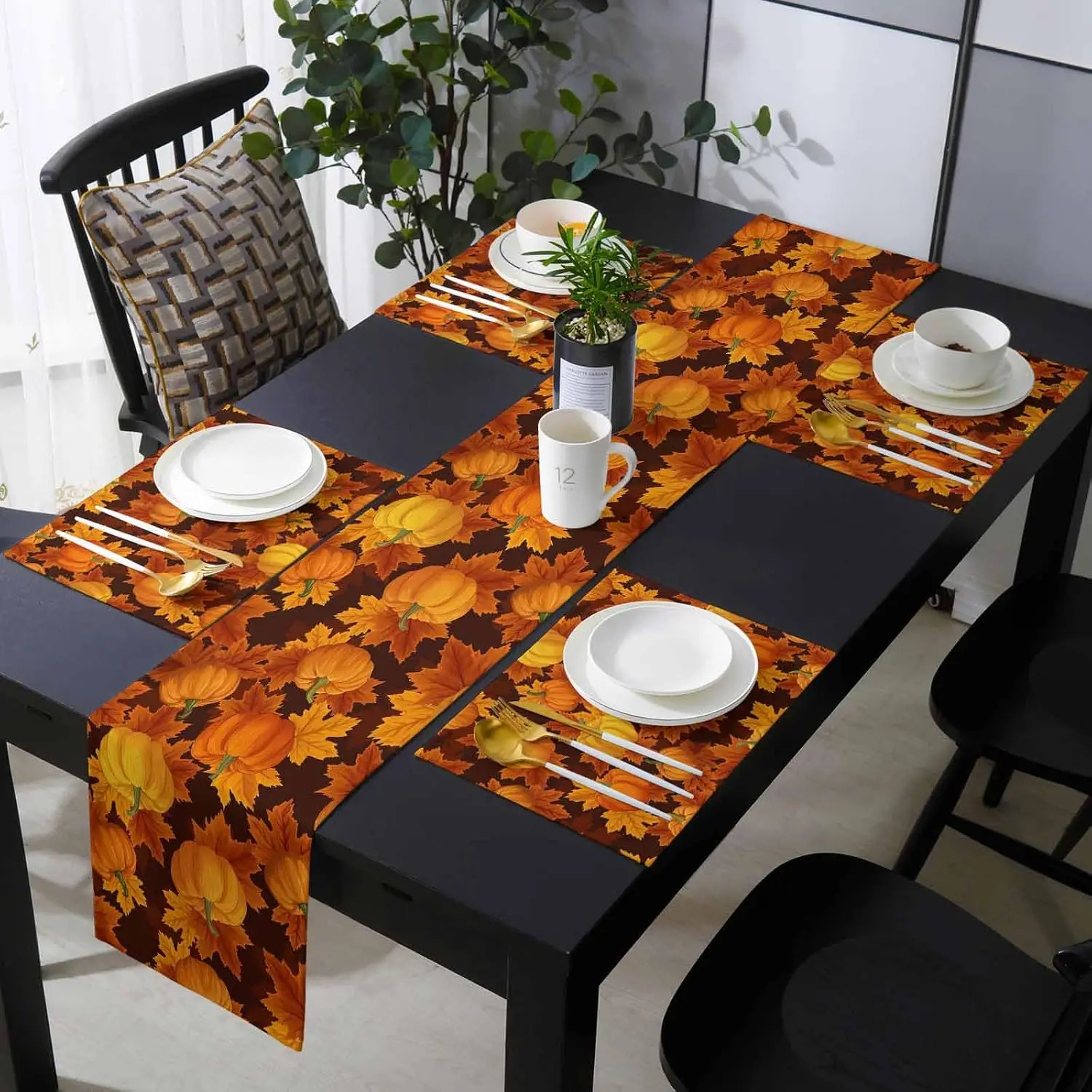 Fall Thanksgiving Pumpkins Orange Maple Leaf Linen Table Runner Placemats Autumn Harvest Kitchen Dining Table Runners Home Decor