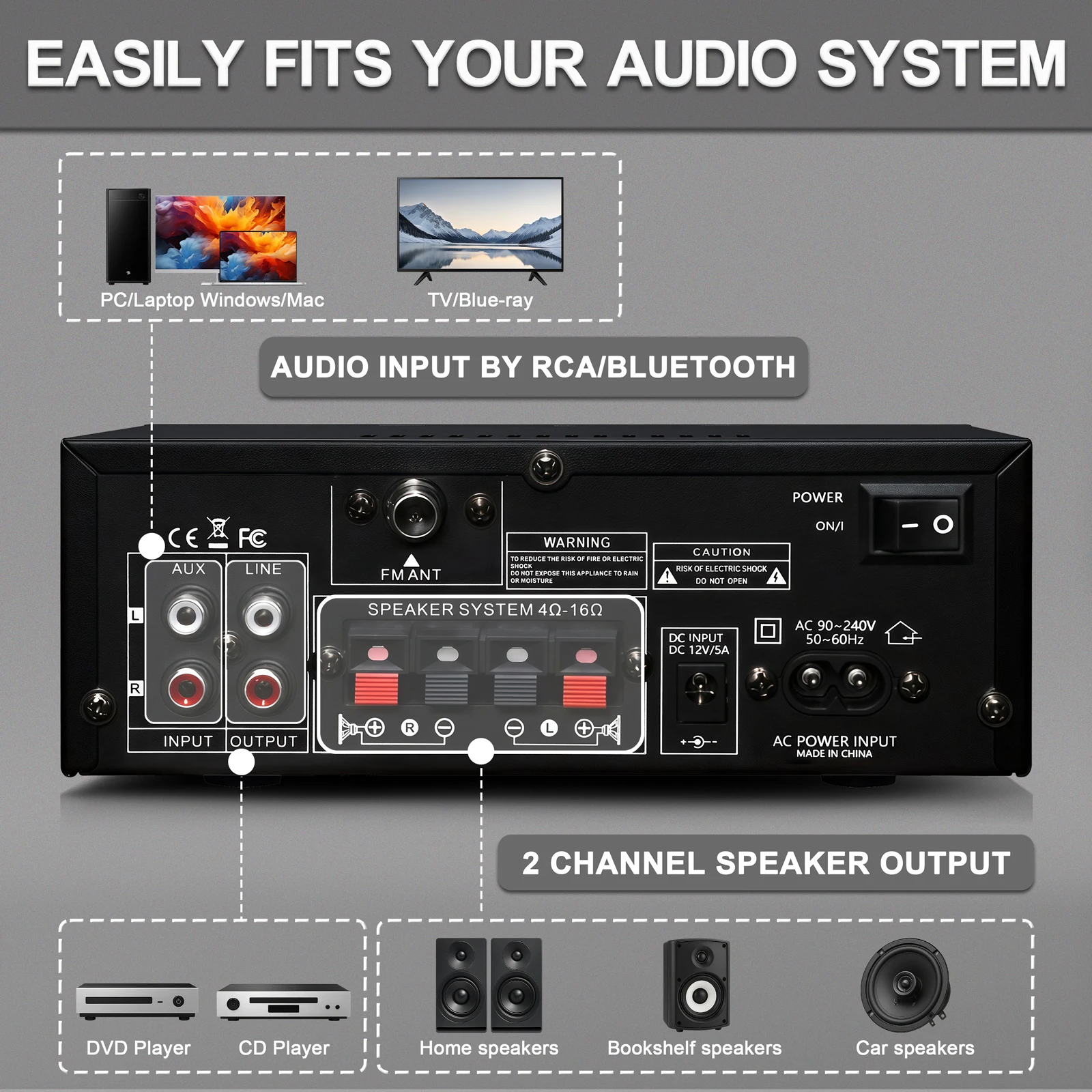 Woopker AK50 HIFI Audio Amplifier MAX 840W RMS 60W*2 Channel 2.0 Bluetooth5.3 Surround Sound Class D Amplifier Suitable for Home