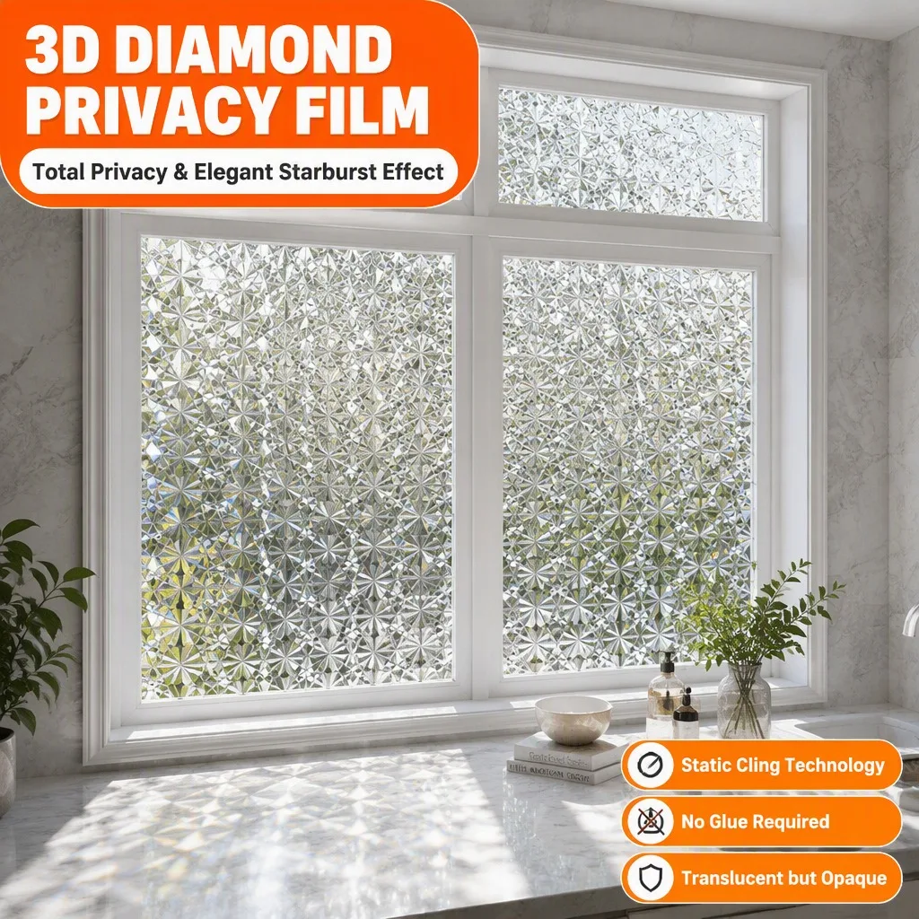 Rainbow Diamond Privacy Window Film Static Cling No Glue 10mil UV Protection Heat Control Removable for Home Office Glass