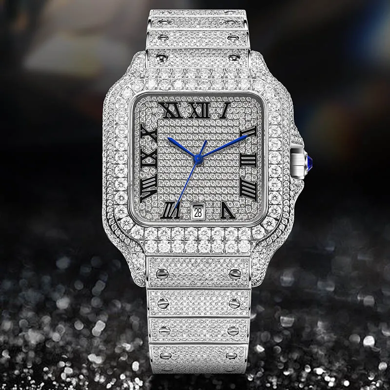 

Новые мужские механические часы с муассанитом и полным бриллиантовым паве, из нержавеющей стали, с минеральным стеклом, водонепроницаемые