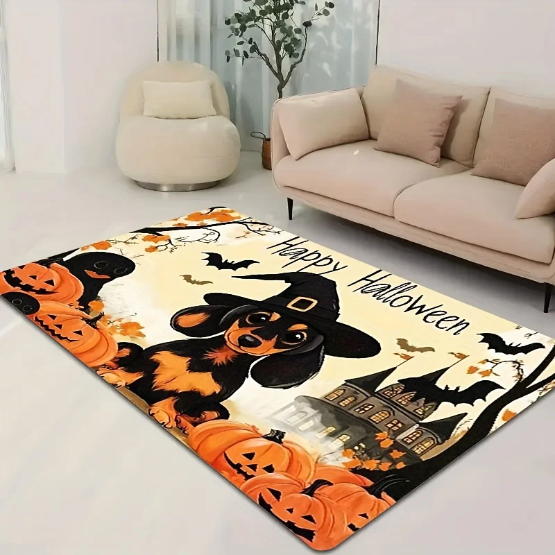 Happy Halloween Area Rug Cute Dachshund Witch Hat Pumpkin Bat Haunted House Print Indoor Home Decor Floor Mat