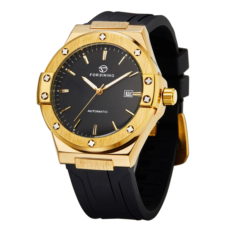 FORSINING Mechanical Men Watch Automatic Date Screw Bezel Transparent Back Leisure Sports Silicone Strap Male Wristwatches Gifts