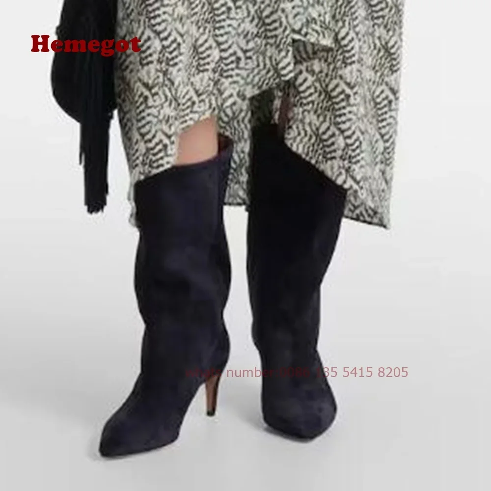 

Stiletto Suede Knee-High Boots Pointy Toe Kitten Heels Slip On Women's Boots Winter Warm Office Casual Shoes 2025 Solid Luxury