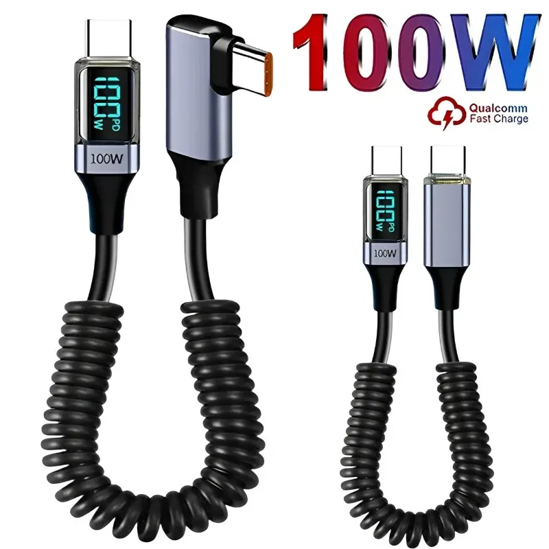 

100w 90 Degree Spring USB C Type C Data Cable Straight/Elbow Fast Charging Dual Type-C Cord for Samsung Xiaomi IPhone Data Line