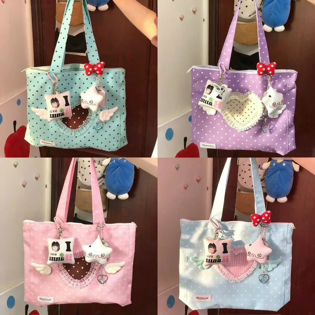 Y2K Subculture Polka Dot Tote Angel Wing Heart Storage Bag Canvas Shoulder Harajuku Girls' Decorative Accessories Gift