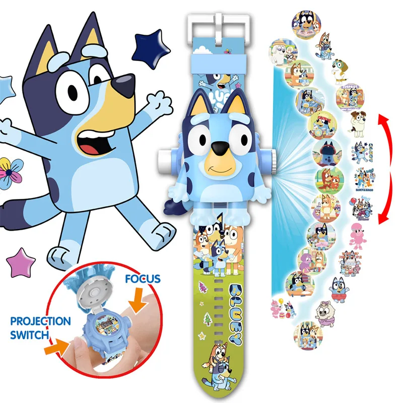 Bluey y Bingo Anime juguete reloj 24 estilos figura de dibujos animados imágenes proyección reloj electrónico Digital regalo para niños