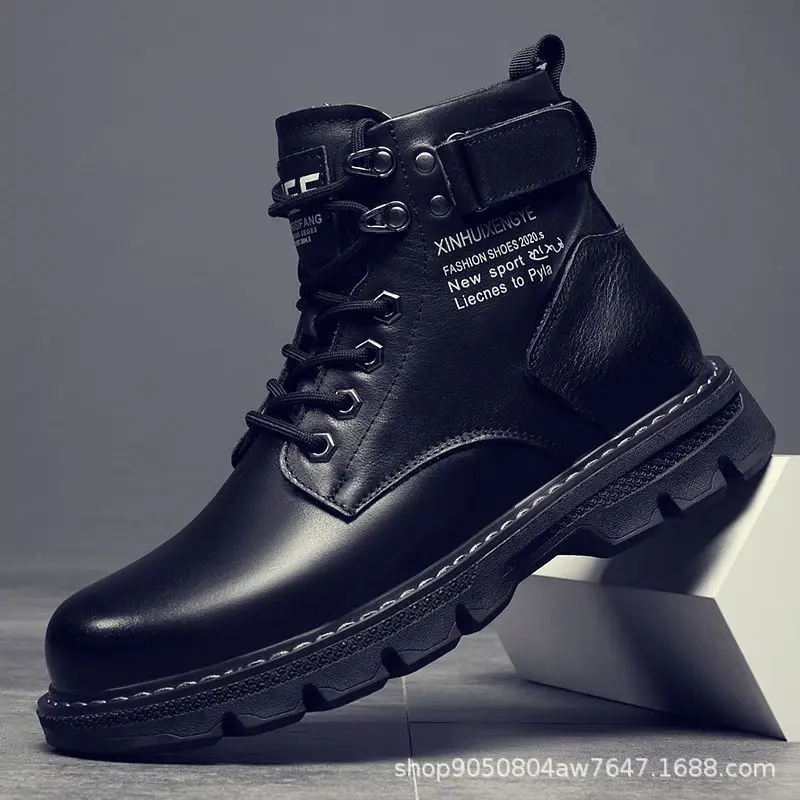 

Winter High Top Boots for Men Trendy Black Motorcycle Boots Outdoor Warm Platform Shoes Men Lace-up Leather Boots Bota Masculina