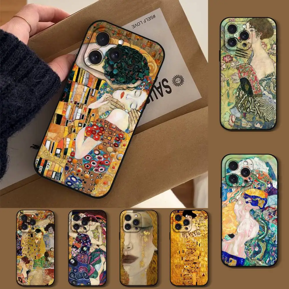 The Kiss Gustav Klimt Phone Case For IPhone 1716 15 14 13 Pro Max 11 12 Mini X Xs XR Black Silicone Cover