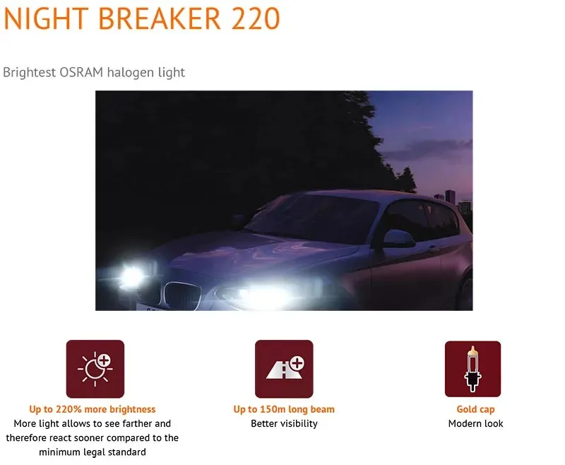 OSRAM Night Breaker 220 H7 12V 55W Car Halogen Lamps +220% Bright +150m Long Light Power Original High Low Beam Made in Germany