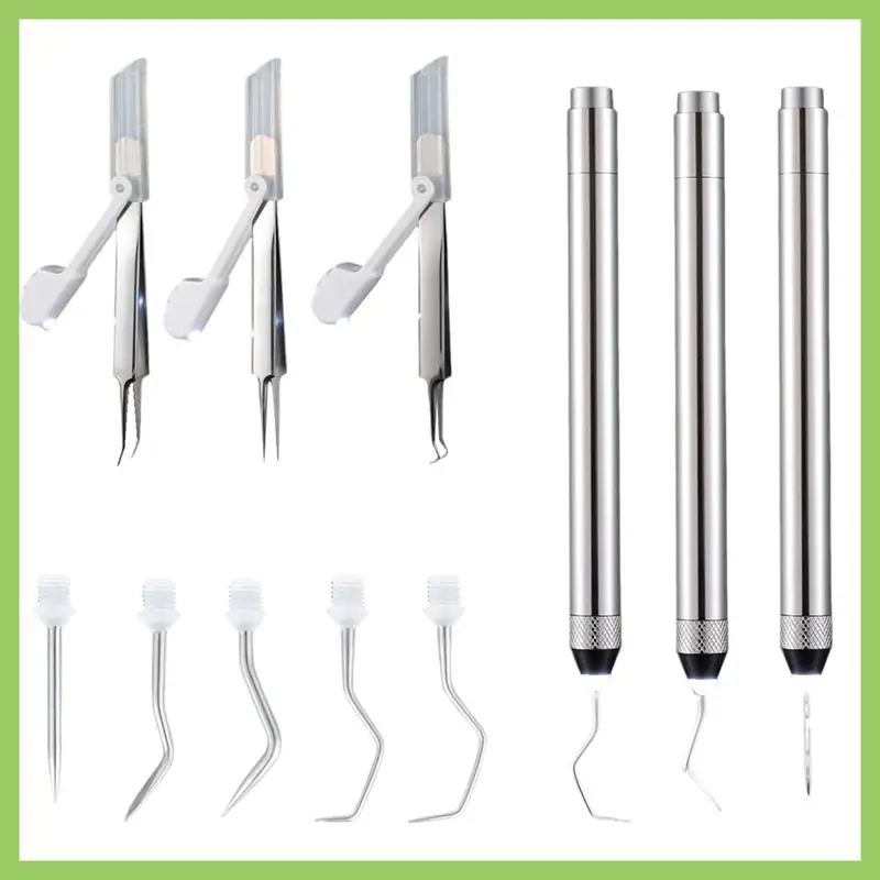 

ABJT-6 Pcs LED Weeding Tools Set For Vinyl, 3 Led Pen With 5 Pin And Hook, With Light Weeding Hook Tweezers, Durable (Silver)