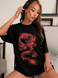 女性のための中国の赤いドラゴンデザインのプリントTシャツ,半袖の夏のストリートウェア,特大の綿100%