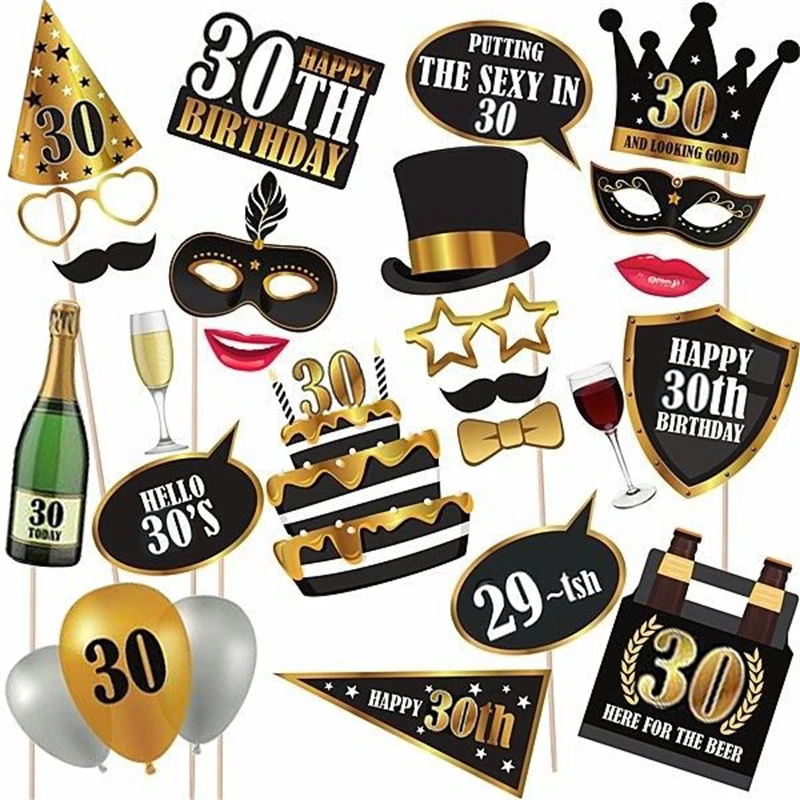 1 bolsa de feliz cumpleaños 30, 40, 50, 60, palo de papel DIY, accesorios para fotomatón, máscara, fotomatón, aniversario, decoración de fiesta de cumpleaños para adultos