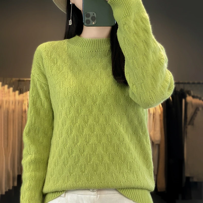 Autumn and winter women's round neck checkered pullover sweater thickened sweater 100% Merino wool clothing knitted women's top