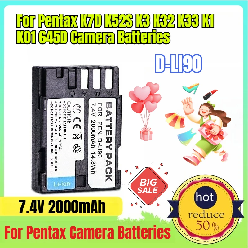 

7.4V 2000mAh D-LI90 Battery for Pentax K7D K52S K3 K32 K33 K1 K01 645D Camera Batteries