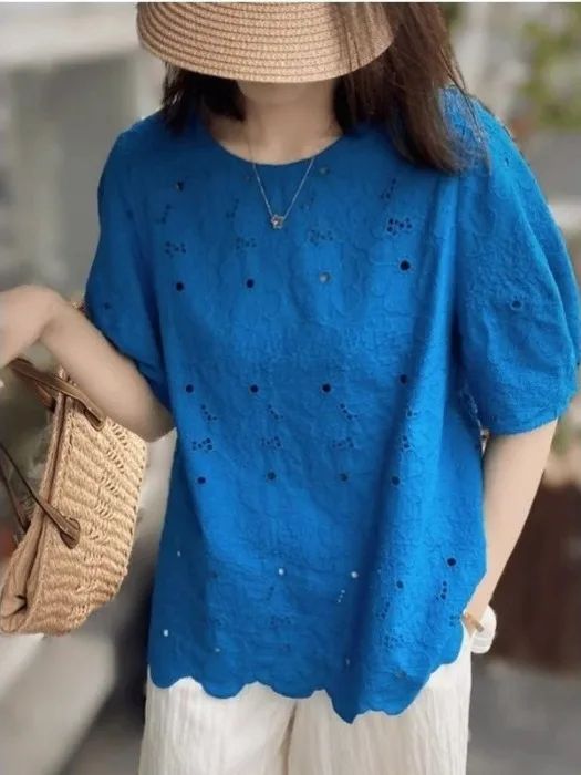 Klein Blue Embroidered Hollow out Shirt Short Sleeve T-Shirt Women's Casual Style Cotton 100% Summer New plus Size Slim Fit