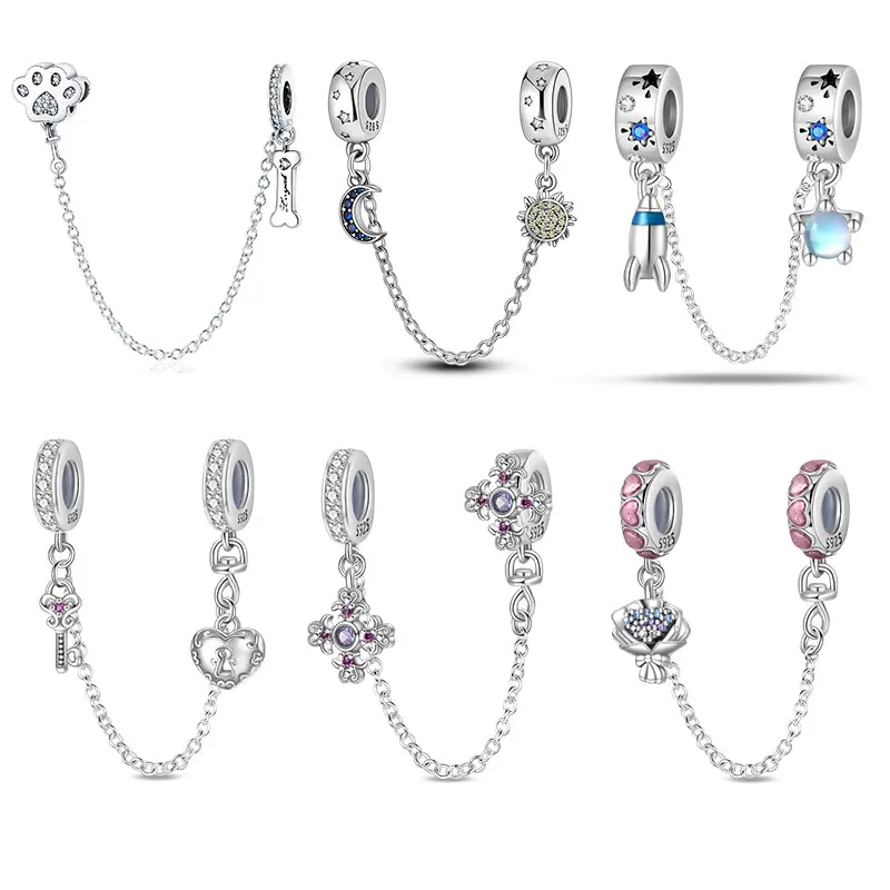 925 Sterling Clip Bead Safety Chain Charm Silicone Stopper Charms Fit Jewelry Making For Pandora's Bracelet DIY Gifts For Women