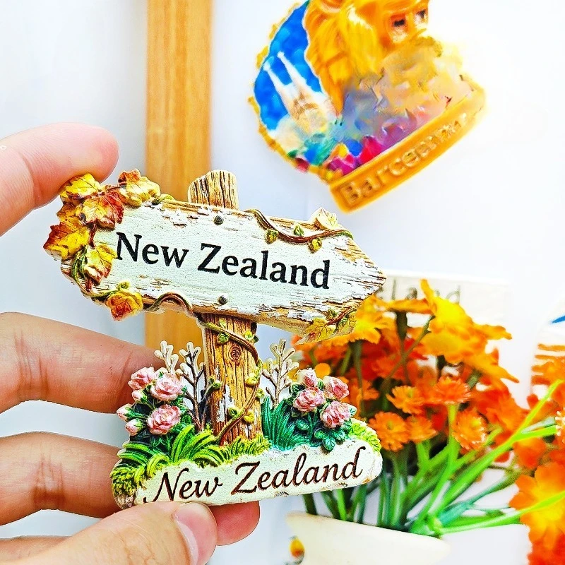 NZ Floral Sign Fridge Magnet - Picturesque 3D Roadside Souvenir Unique New Zealand Gift for Travel & Cottage Core Decor