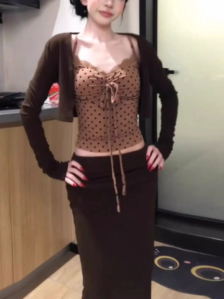 

Корейский элегантный модный сексуальный комплект из 3 предметов, женский винтажный кардиган + топы в горошек + юбки миди, японская повседневная одежда Y2k в стиле ретро