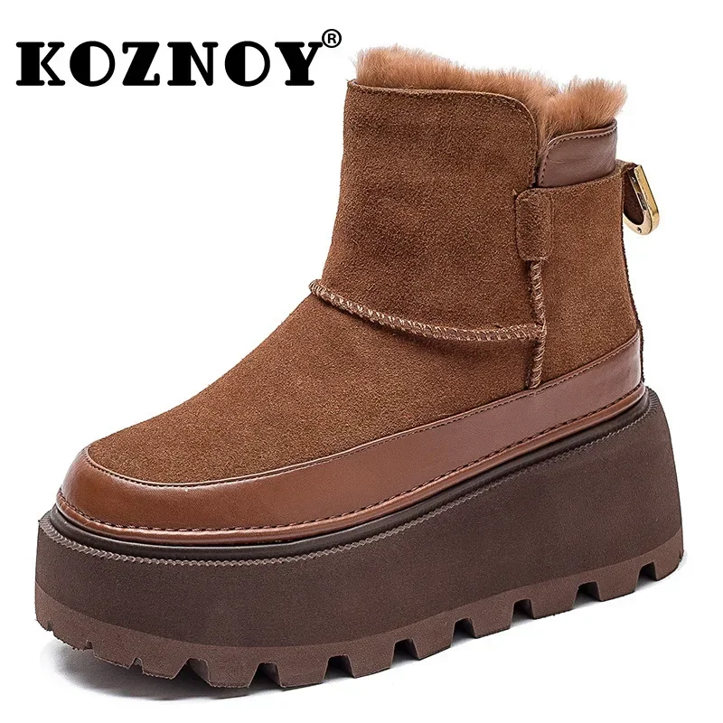 Koznoy 6cm Cow Suede Genuine Leather Autumn Platform Wedge Warm Snow Ankle Boots Winter Women Plush Comfy Spring Booties Shoes