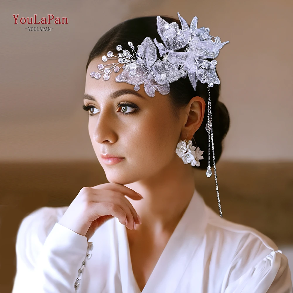 

YouLaPan Wedding Long Tassel Hair Tiara Crystal Mesh Flower Korean Fashion Bridal Headband Hair Accessories Head Jewelry HP824