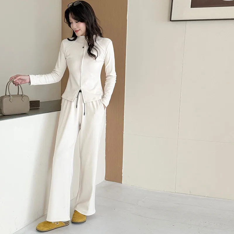 

2025 Early Autumn Women's Tea-style High-end Slim Two-way Zipper Hoodie and Wide-leg Pants Sporty Casual Two-piece Set