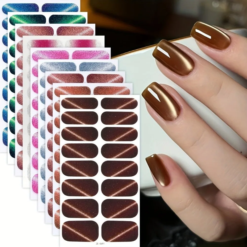 

8 Sheets Oblique Line Design Nail Polish Gel Film Sequined Texture Flash Sequin Cat Eye Nail Sticker Gel Based Lasting