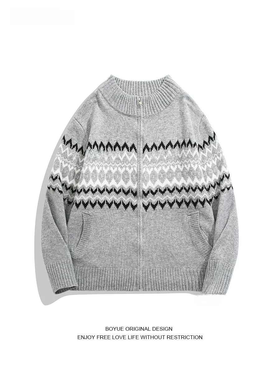 

Boyue Autumn Winter Knitted Sweater Geometric Pattern Casual Loose Fit ex Stand Collar Lazy Sle Knitwear Coat for Youth