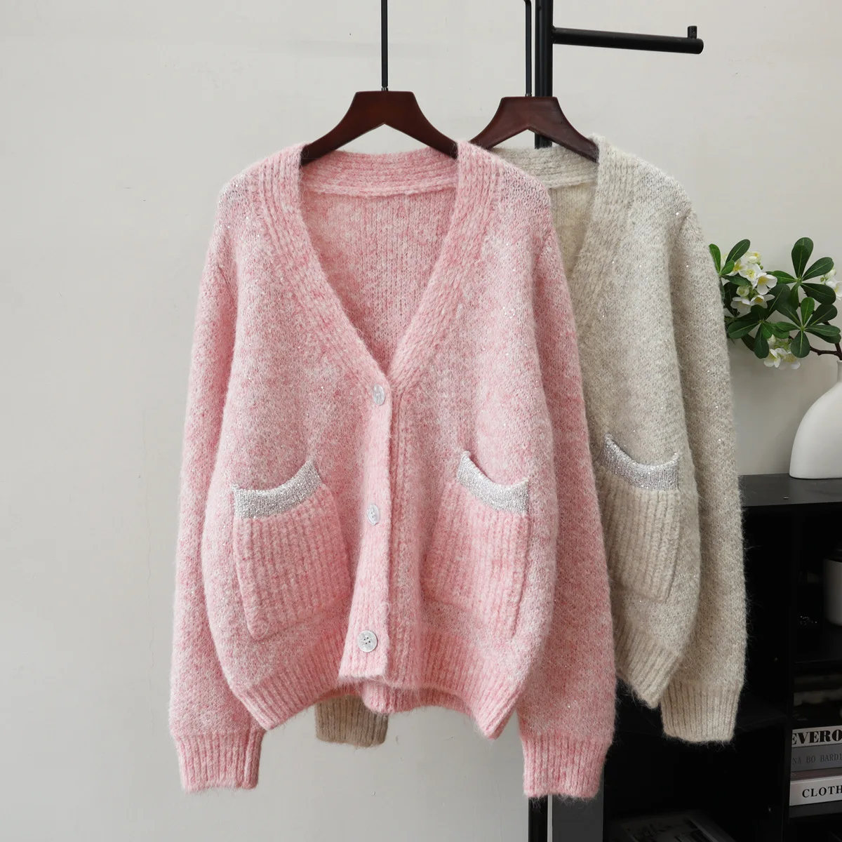 

Women Knitted Cardigan Sweaters Sequin Jumpers Pocket V Neck Long Sleeves Single Breasted Loose Fit Casual 2025 Autumn Winter