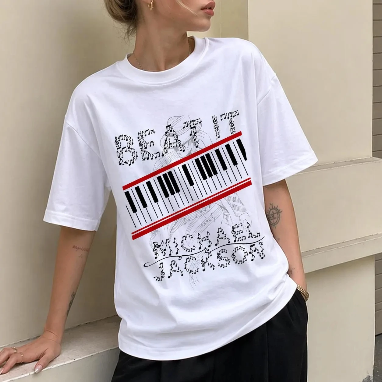 Camiseta com padrão de teclas de piano de Michael Jackson 'Beat It', Camiseta Rei do Pop, camiseta de algodão puro para casais, roupa vintage de streetwear.