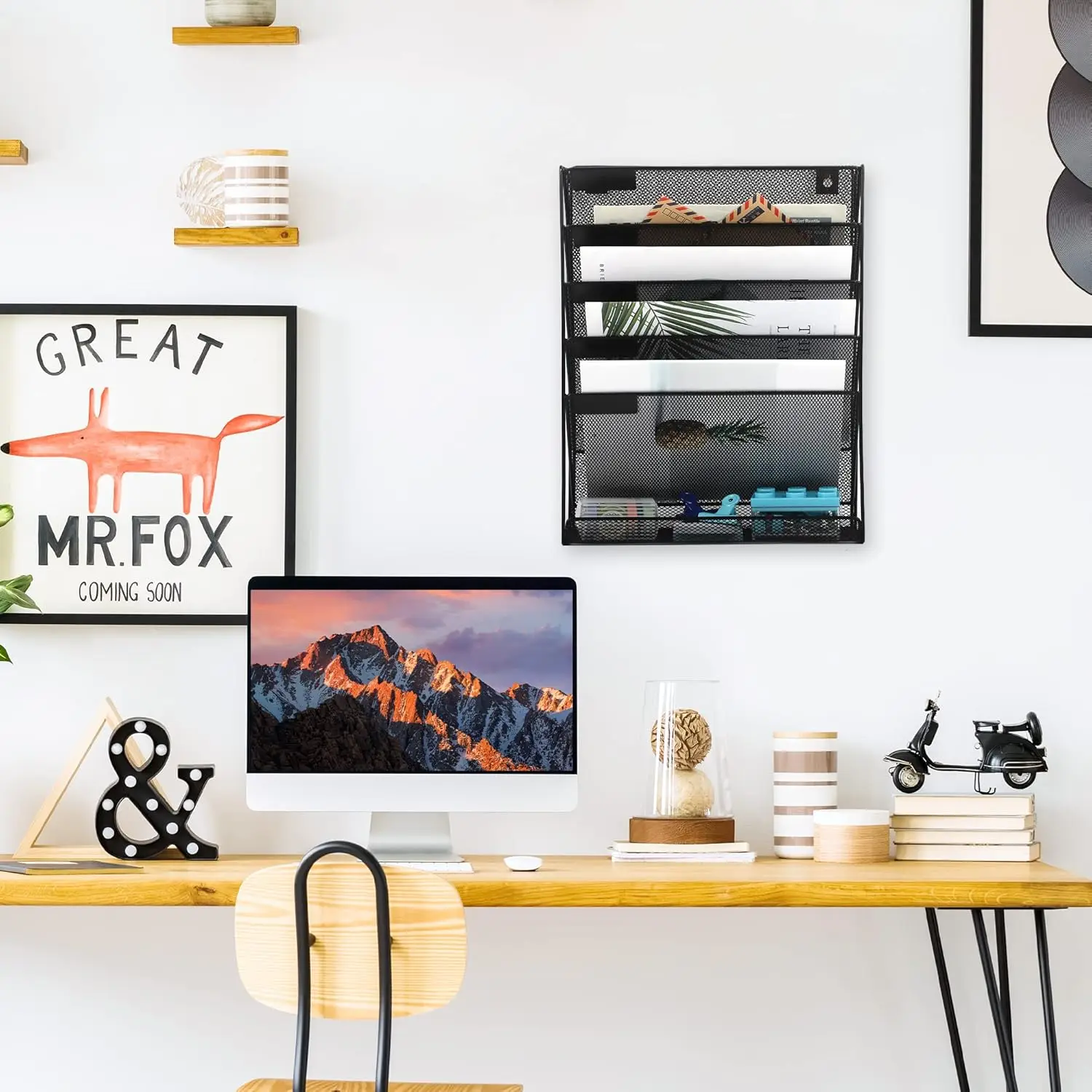 Desk File Organizer Mesh 5-Tier, Hanging Wall Mount Document Organization Stand, Desktop Vertical Mail Paper Folder Holder Rack