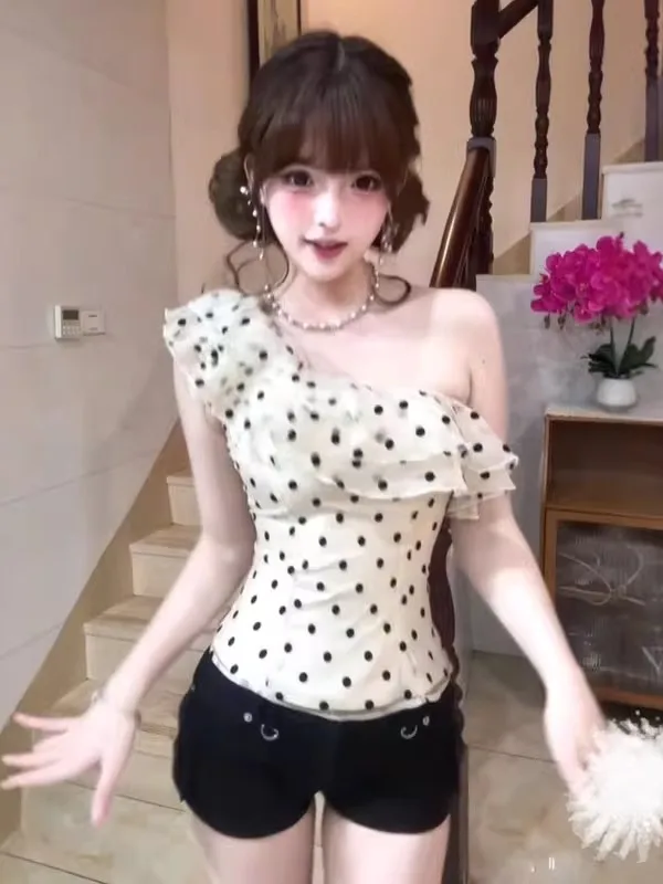 

Sweet Polka Dot Chiffon Top Shoulder Bared Slim Fit Beautiful Unique Summer Fashionable Women's Lace Shirt Gentle Style