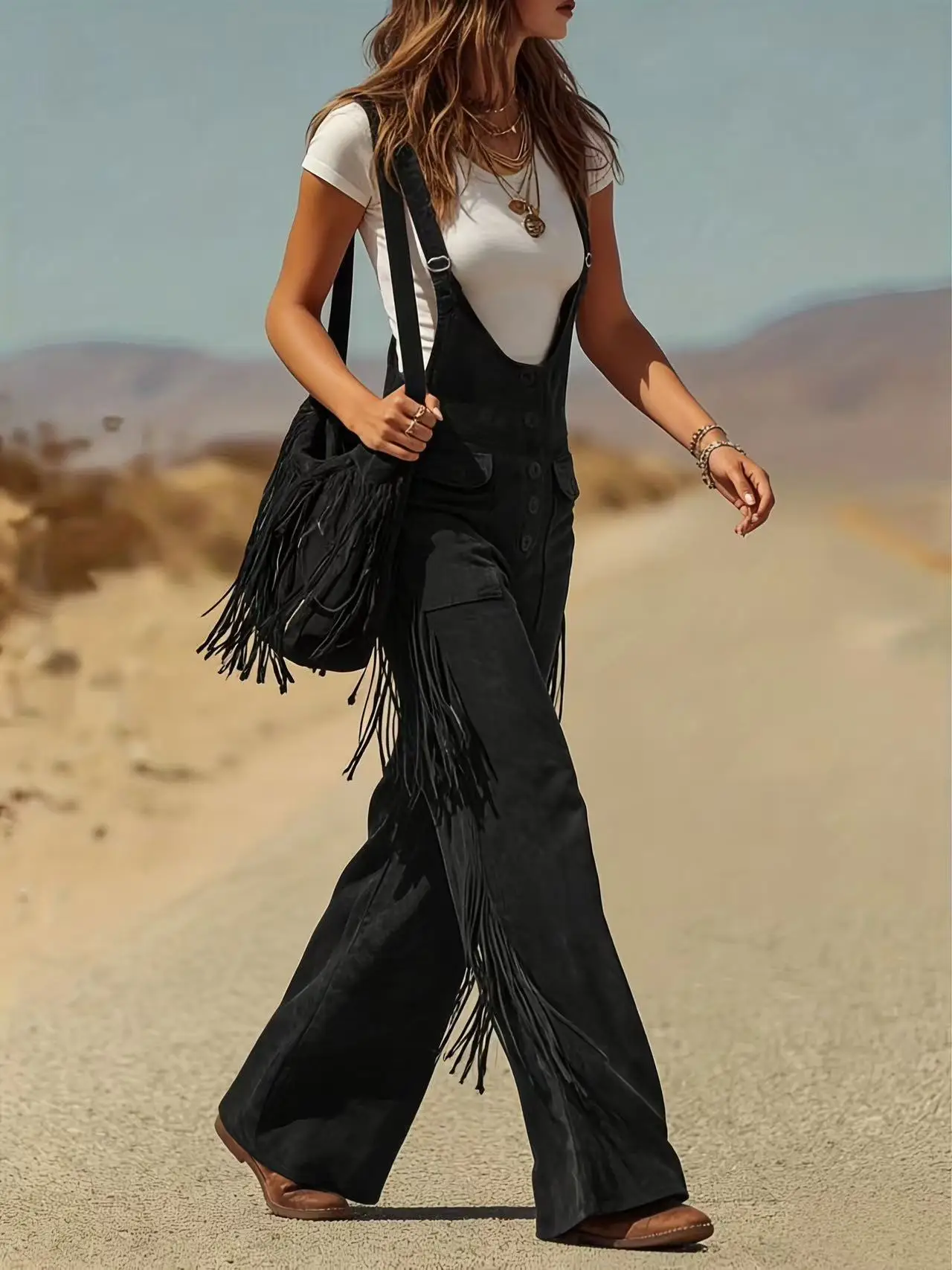 

Women's Spring, Autumn and Winter Bohemian Style Wide-Leg Overalls with Tassels