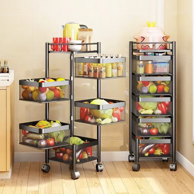 5 Tier Rotating Kitchen Storage Rack Floor to Ceiling Vegetable Organizer Shelf Multifunctional Space Saving Stand for Home