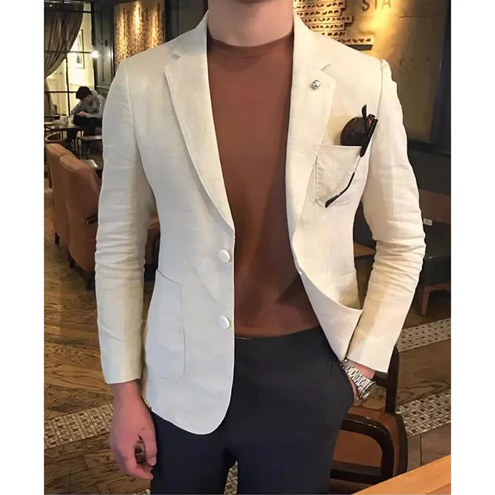 Chic Linen Men Suits Blazer Fashion Notch Lapel Single Breasted Coat Summer Casual Business Formal Basic Male Jackets 1 Piece