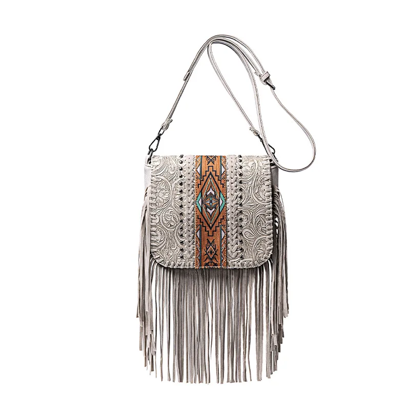 

Retro Bohemian Large Capacity Women's Tassel Trim Woven Shoulder Bag Commuting PU Leather Exotic Ethnic Charm Crossbody Bag Wall