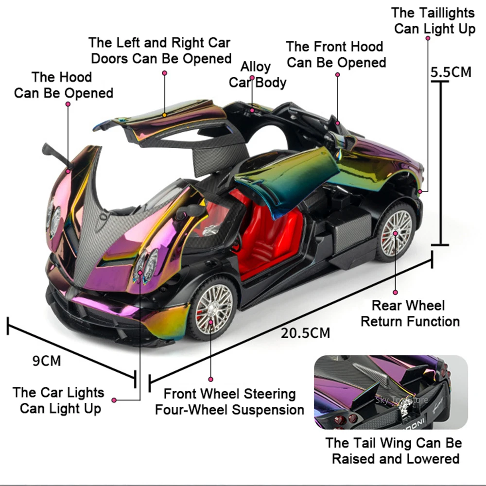 1:24 باجاني هوايرا دينستيا BC ألعاب مصغرة سيارة سبيكة دييكاست نموذج ضوء الصوت التراجع الأبواب فتح سيارة رياضية جمع الهدايا