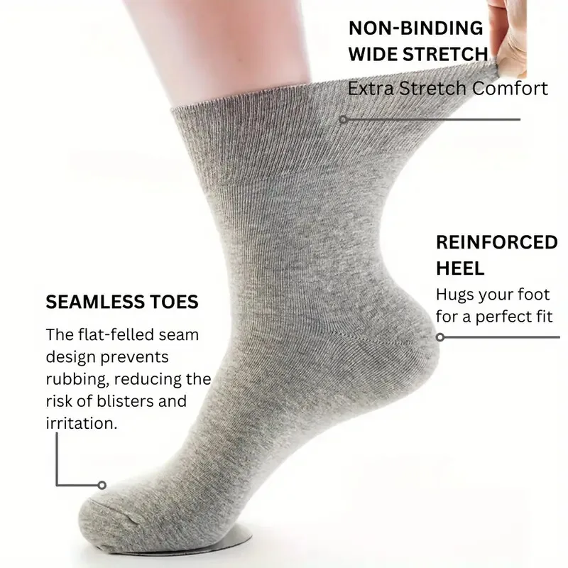 7 Pairs Non-Binding Diabetic Socks, Wide Calf Edema Swollen Feet Crew Socks for Men, Breathable Non-Slip Top, Size EU 39-48