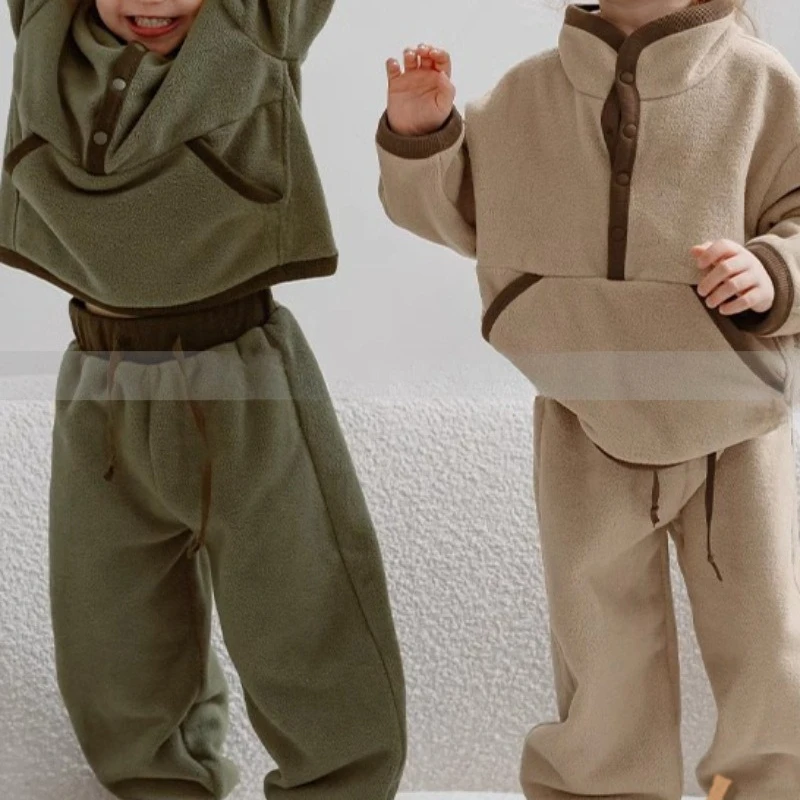 

Kids 2-Piece Sets 2025 Autumn Winter New Boys Girls Korean Fashion Polar Fleece Stand Collar Top + Long Loose Pants