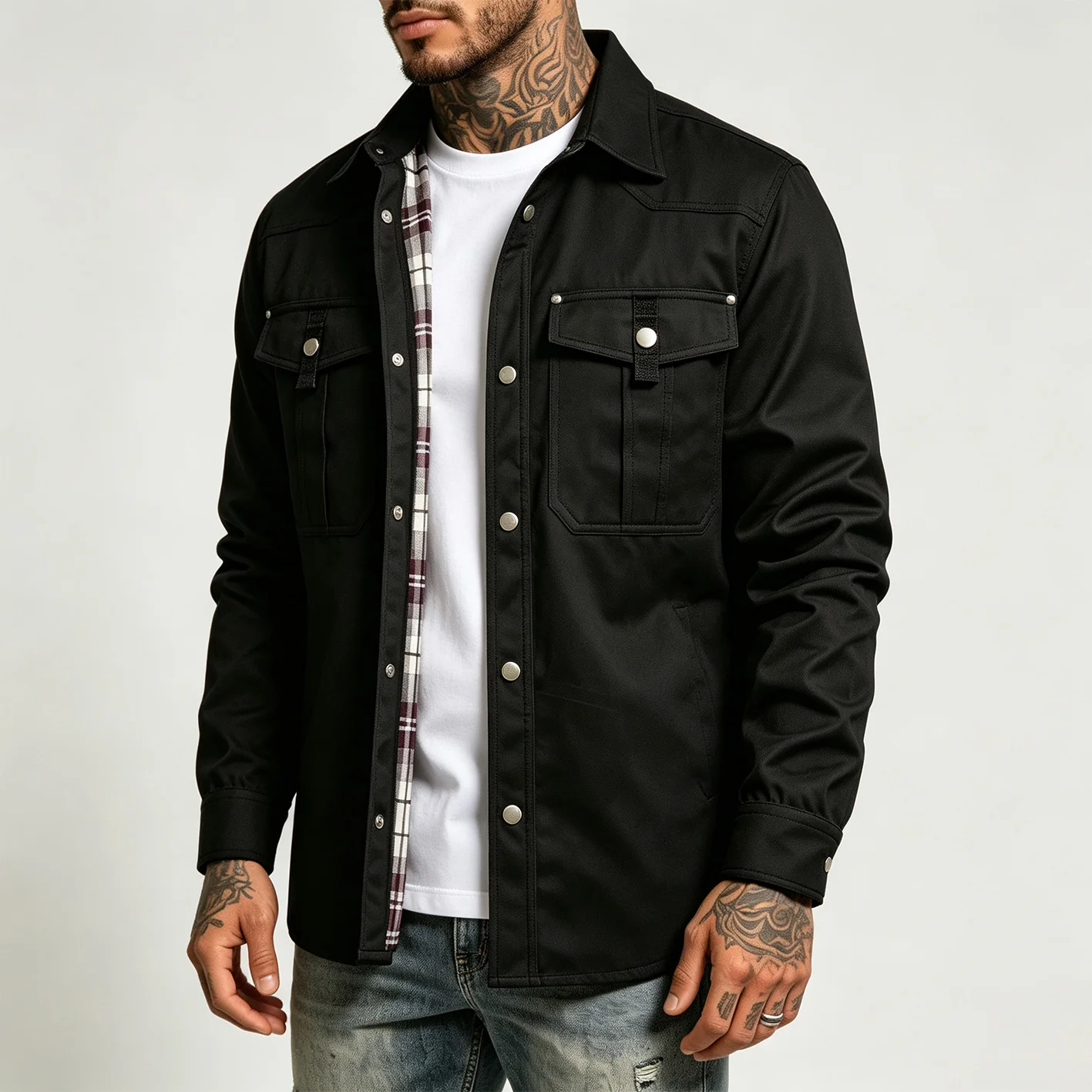 2026 Autumn Men's Cargo Jacket Plaid Lined Lapel Button Pocket Casual Shirt Jacket For Men