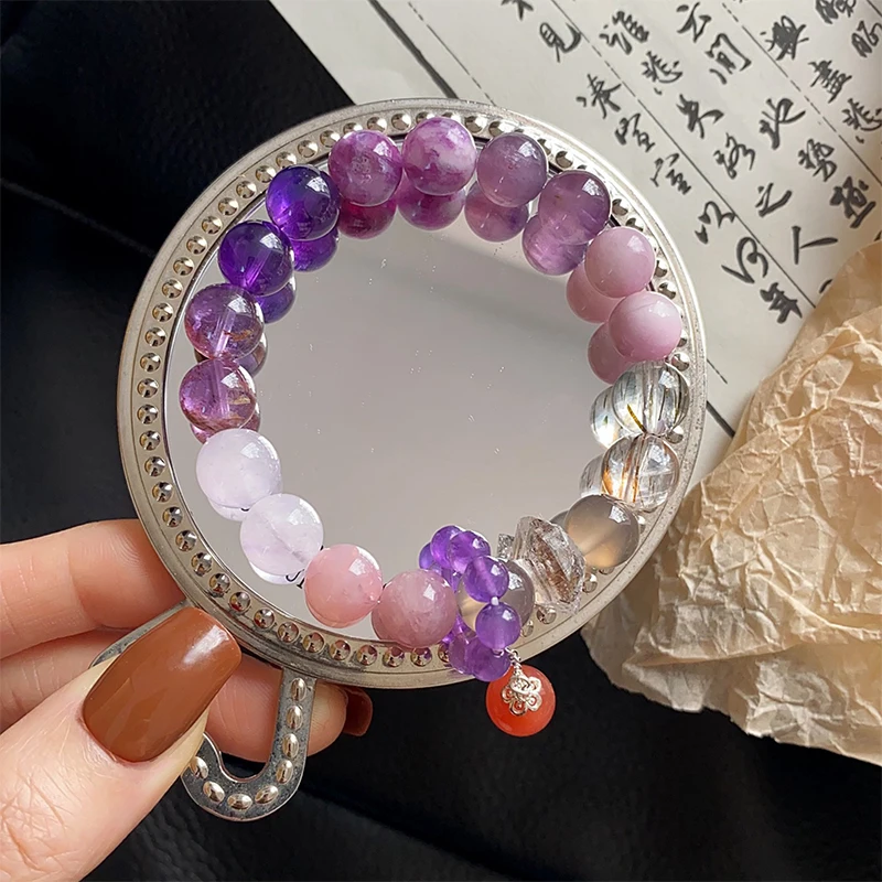 

Jiu Zi Li Huo Energy Crystal Bracelet 10mm Natural Multi Treasure Crystal with Southern Red Pendant for Good Luck