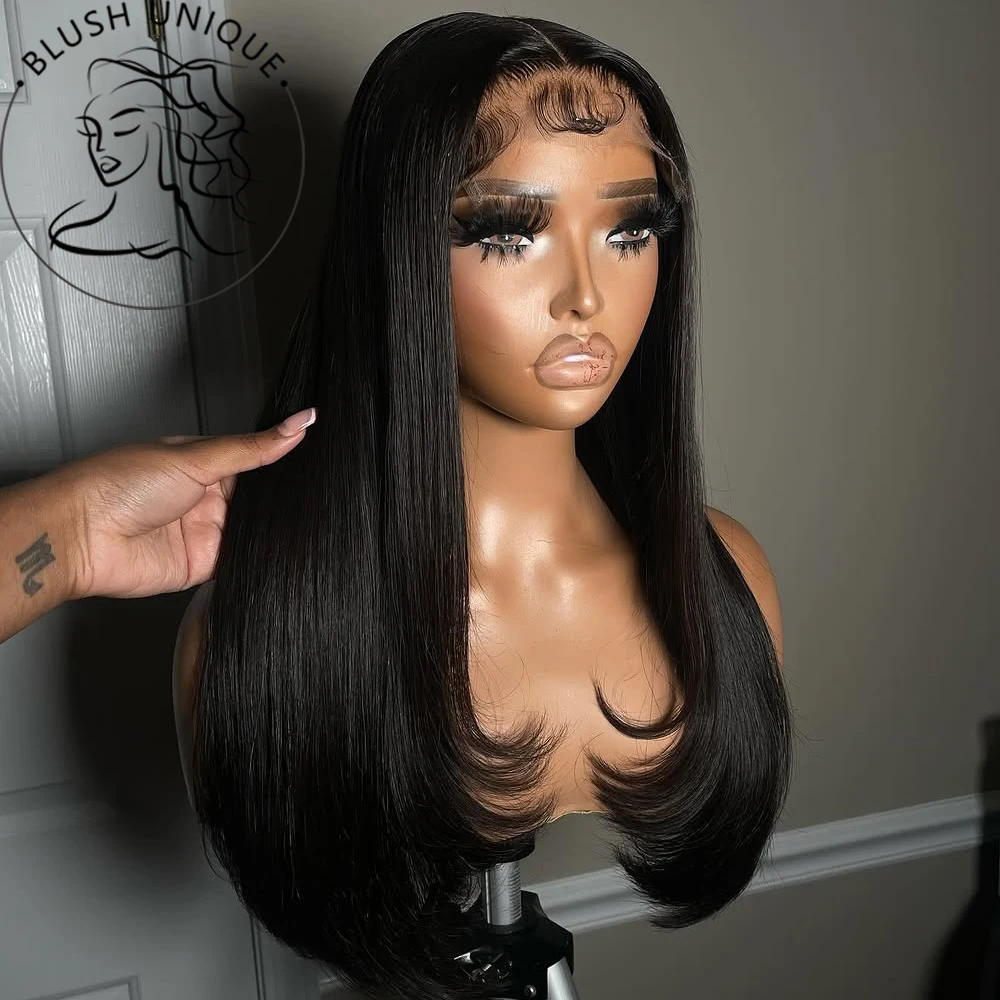 

13X6 Многослойный Парик Фронта Шнурка Натуральный Черный Прямой Парик Фронта Шнурка Для Чернокожих Женщин Синтетический Многослойный Парик Шнурка Бесклеевые Парики